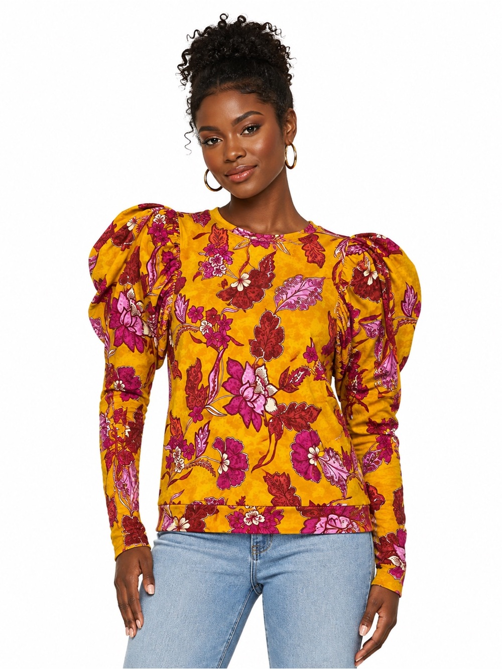 Hale Bob Gold Floral Puff Sleeve Top